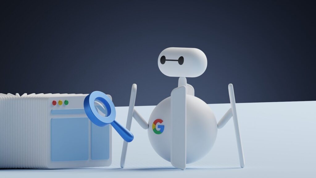 a white robot holding a magnifying glass next to a white box, seo , search ai , السيو ، بحث الذكاء الاصطناعي ،السيو في عصر الذكاء الاصطناعي